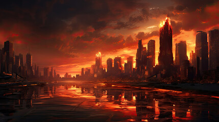 Hyperreal view of a city skyline during a fiery sunset