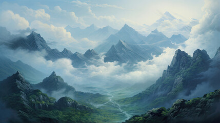 Lifelike portrayal of a misty mountain landscape