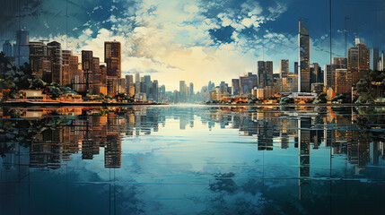 Hyperreal view of a cityscape with reflections in a river