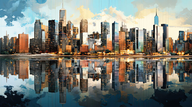 Hyperreal view of a cityscape with reflections in a river