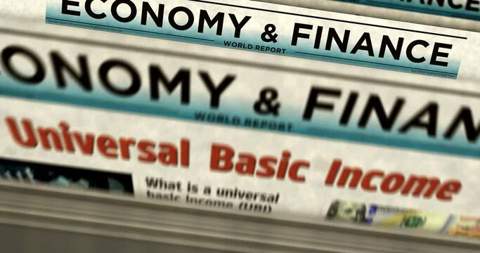 Universal basic income citizens salary payment and social redistribution daily news newspaper printing. Abstract concept retro headlines 3d seamless looped.