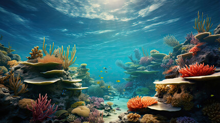 Exquisite rendering of a coral reef beneath azure waters