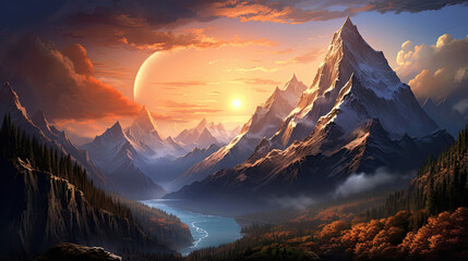 Ultra-detailed depiction of a mountain range at sunset
