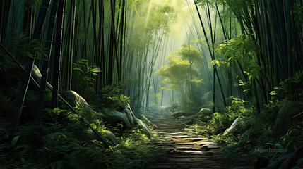 Hyperrealistic view of a lush bamboo forest