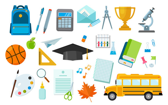 School and education icons set, symbols, objects. School bus, backpack, microscope and school supplies