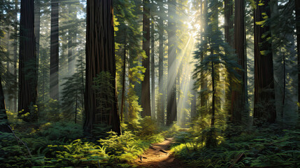 Hyperrealistic portrayal of a sunlit redwood grove