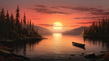 Lifelike representation of a calm lakeside sunset