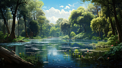 Hyperreal view of a tranquil pond surrounded by trees