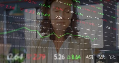 Animation of graphs, trading board over caucasian female architect analyzing 3d model of buildings - Powered by Adobe