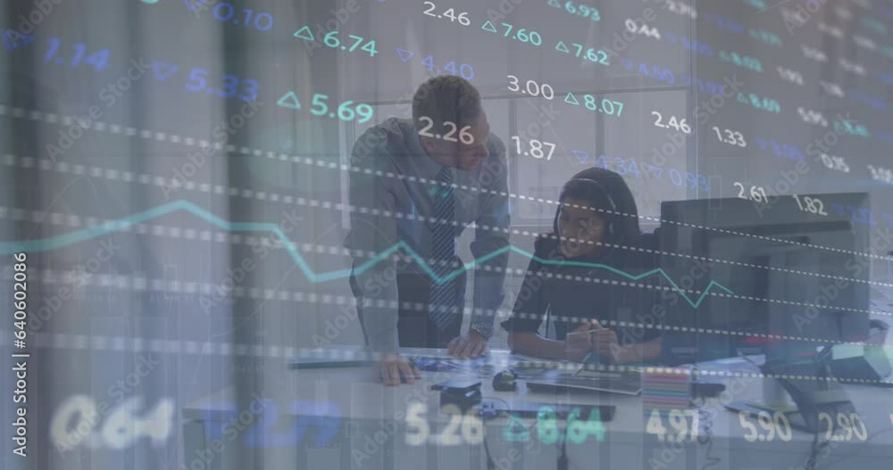 Poster animation of multiple graphs and trading board over caucasian coworkers discussing on desk