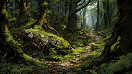 Astonishingly detailed view of a meandering forest trail