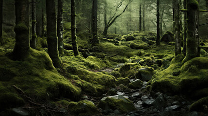Fine textures of a moss-covered forest floor