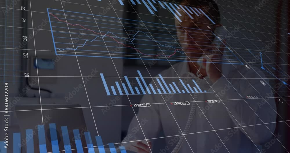 Poster animation of multiple graphs, changing numbers, loading circles, caucasian man picking up phone