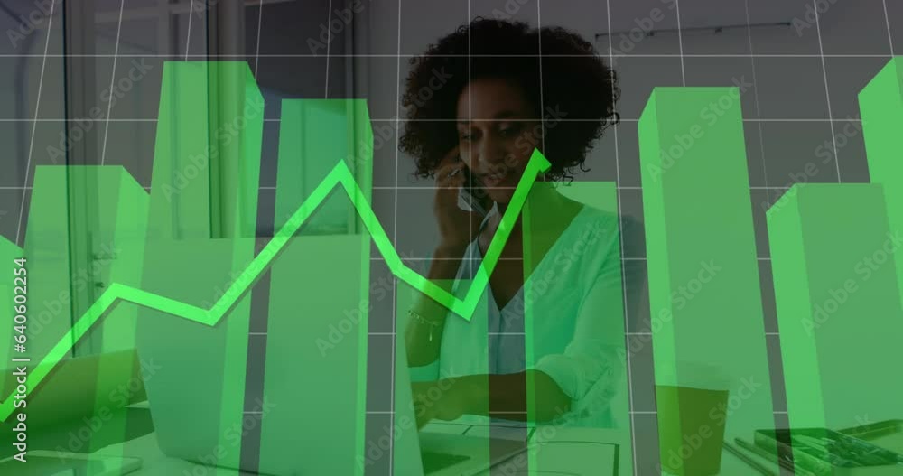 Poster animation of graphs and grid pattern over biracial woman working on laptop and talking on cellphone