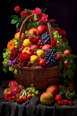 A vibrant overflowing basket of assorted fruits