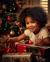  Joyful African Child Celebrating Christmas with Gifts by the Tree. Generative AI