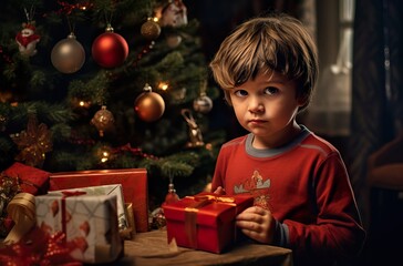 Joyful Caucasian Boy Celebrating Christmas with Gifts by the Tree.  Generative AI.