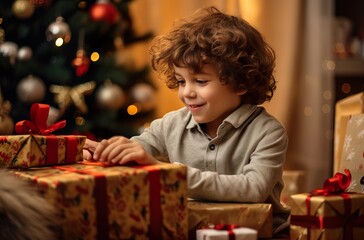 Obraz na płótnie Canvas Joyful Little Arab Boy Celebrating Christmas with Gifts by the Tree. Generative AI.