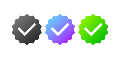 Checkmark icons. Different styles, color, check mark in circle, gear and check mark. Vector icons