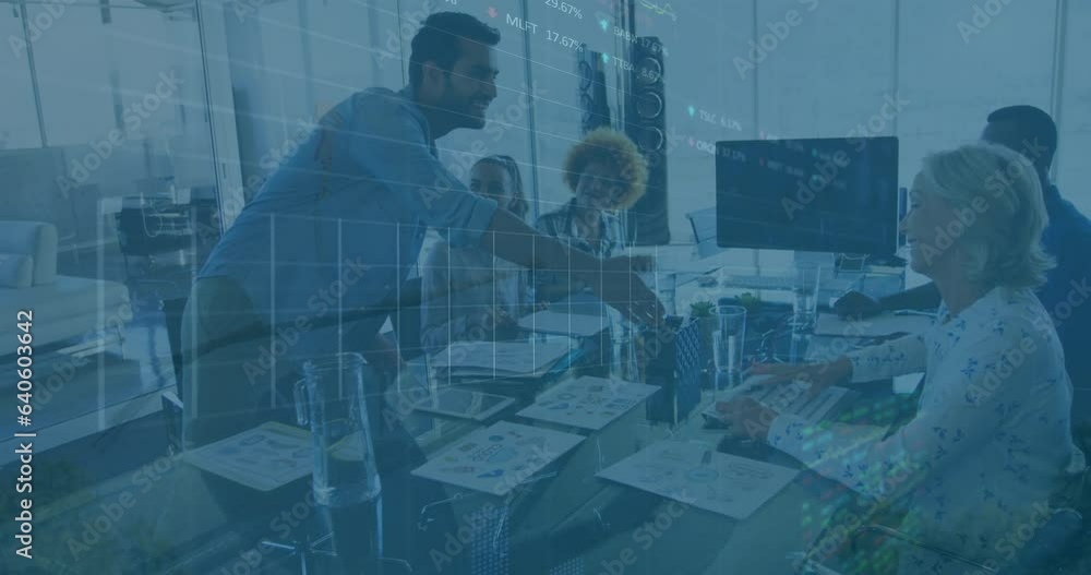 Poster animation of multiple graphs and trading boards, diverse coworkers discussing and shaking hands