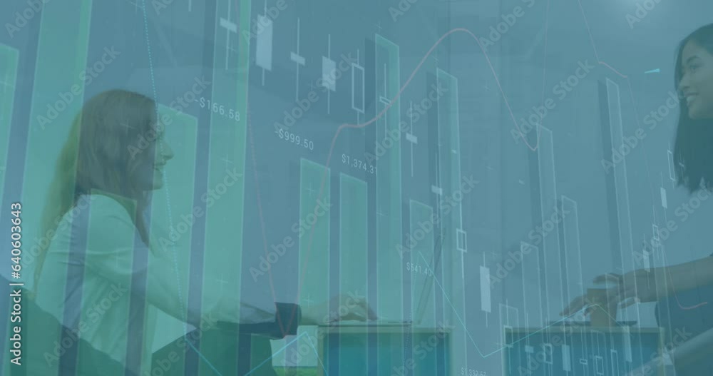 Aufkleber animation of multiple graphs with changing numbers over diverse female coworkers discussing on desk