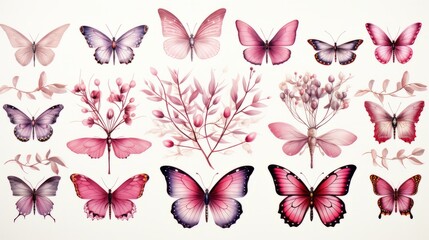 DIFFERENT SPECIES OF BUTTERFLIES ON WHITE BACKGROUND. COLLECTION OF ELEGANT EXOTIC BUTTERFLIES.