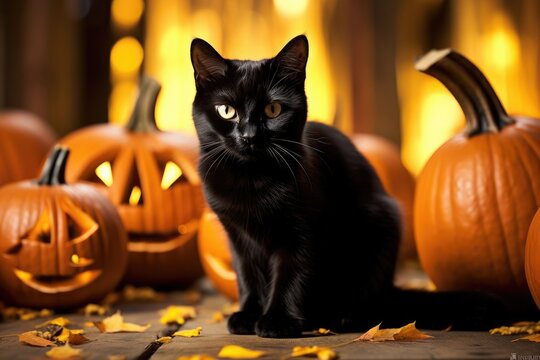 A black halloween cat sits on the floor with pumpkins.