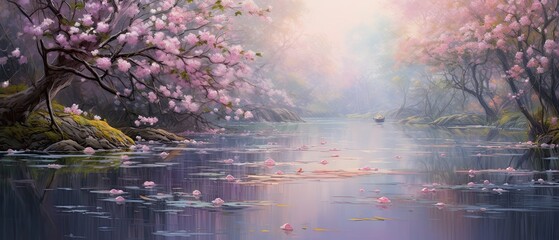 A delicate ballet of pastel pink, lavender, and soft mint hues, creating ripples that echo the softness of spring blossoms in a serene pond