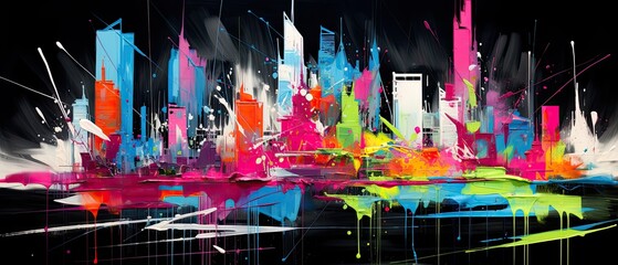 Bold strokes of neon green, electric blue, and shocking pink, swirling dynamically, channeling the energy and vibrance of a city nightlife