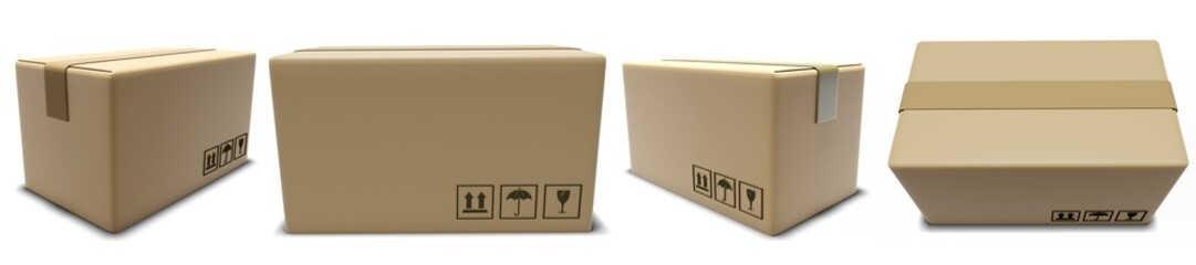 cardboard box mockup set with symbols from side, front and top view Isolated on White Background 3d illustration