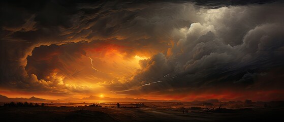 Naklejka premium Golden amber and smoky gray colliding, capturing the essence of a stormy sunset where dark clouds meet the sun's last rays