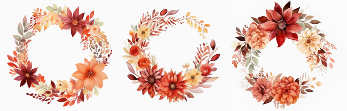 watercolour Christmas floral wreath in brown, red and orange muted colors isolated on a white background. Rustic boho wedding wreath. Perfect for textile, wedding card, greetings and invitation card, 