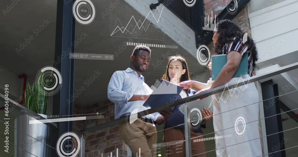 Poster animation of graphs, loading circles, bars, low angle view of diverse coworkers discussing reports