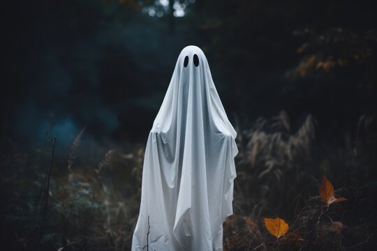 scaary white ghost in halloween in forest