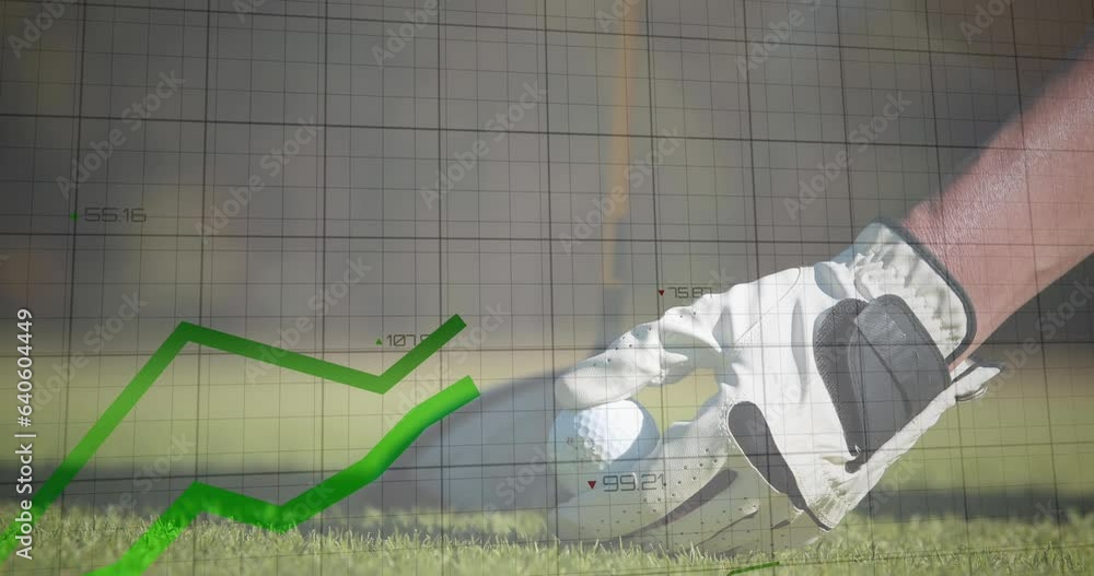 Poster animation of graphs with changing numbers over cropped hand placing ball on ground and taking shot