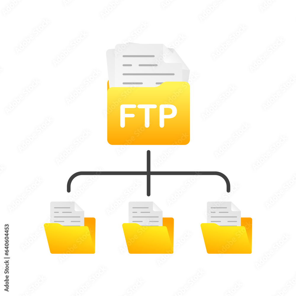 Poster ftp file. flat, yellow, ftp file distributes files, ftp folder. vector illustration