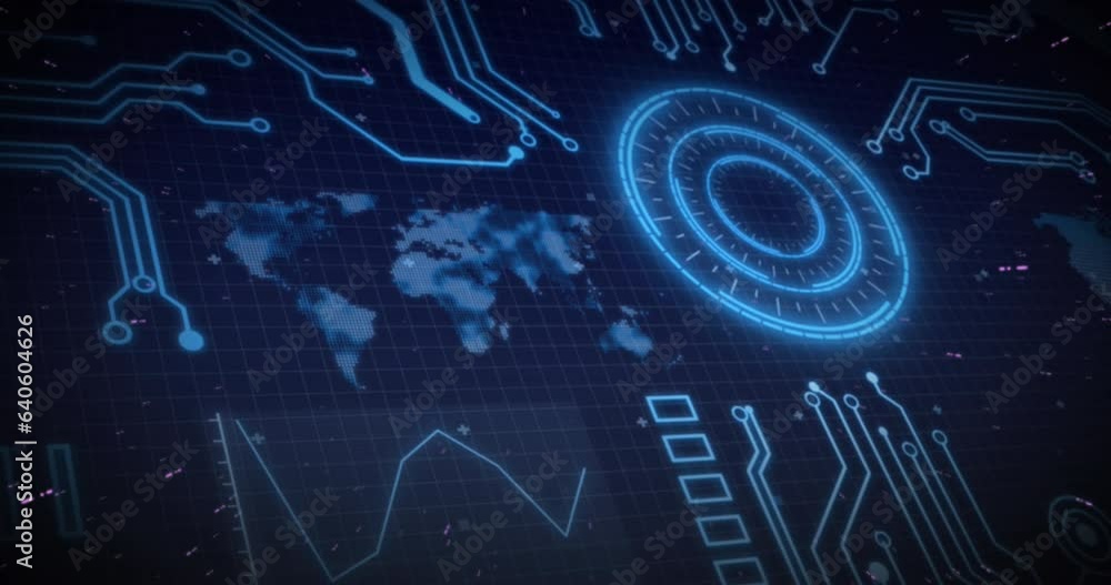 Poster animation of graphs, loading circles, map, globe and circuit board pattern over black background
