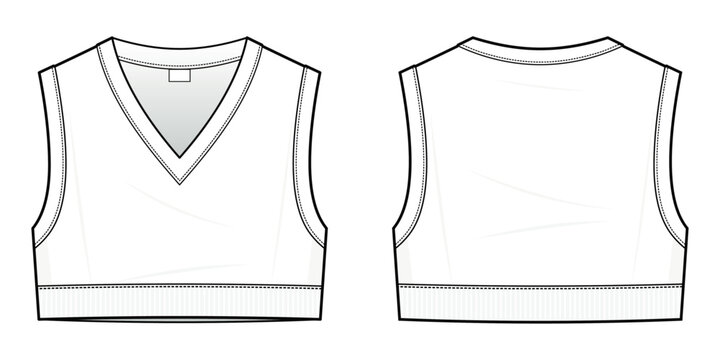 Crop Sweater Vest technical fashion illustration. Sweater Vest fashion flat technical drawing template. front and back view. Cropped. unisex. white color. CAD mockup.