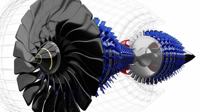 Jet engine inside, partly wireframe model  - 3D 4k animation (3840 x 2160 px)