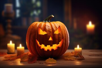 very scary halloween pumpkin inside on wooden table