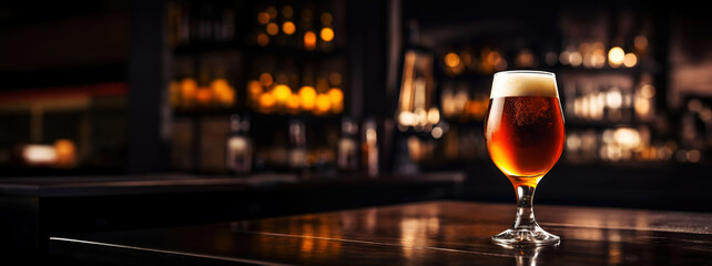Snifter glass of light beer on bar table in a dark pub with copy space. Generative AI