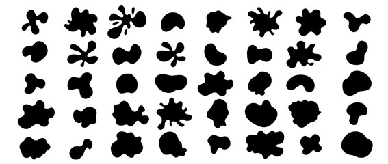Random shape set. Big collection of organic black amoeba blobs. Abstract fluid splashes, irregular bubble silhouettes. Vector simple illustration - obrazy, fototapety, plakaty