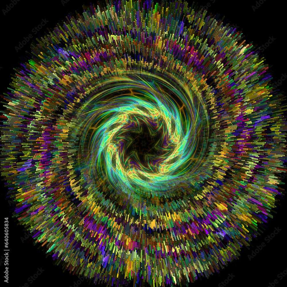 Aufkleber twisting and exploding green circular design on a black background with central star shaped motif