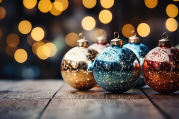 Christmas baubles on a wooden background with bokeh effect. 