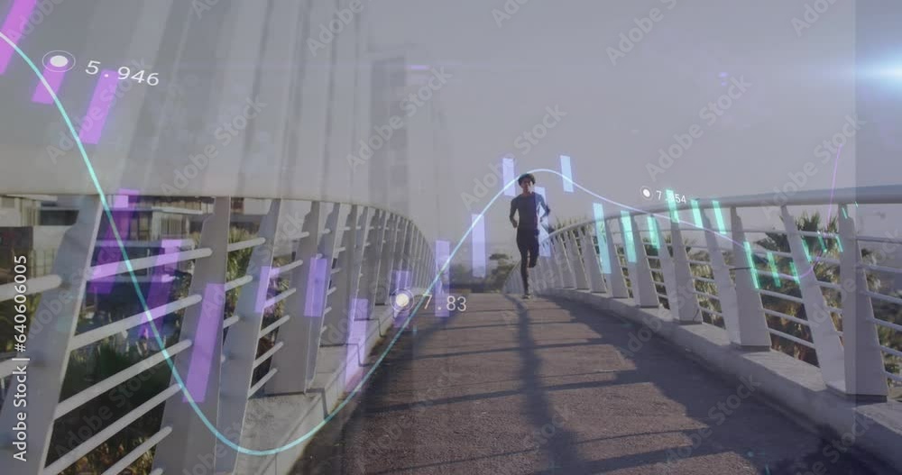 Poster animation of graphs with changing numbers over biracial athlete running on bridge