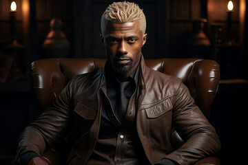 Obraz premium dark-skinned handsome guy with white hair and blue eyes standing on a dark background with a serious facial expression in brown clothes .