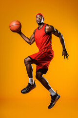Naklejka premium Full length portrait of black man in red shirt, black cap and grey shorts playing basketball. Studio, yellow background.