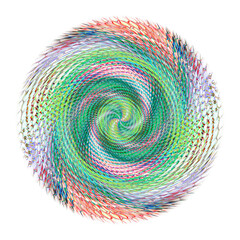 multi-coloured spinning twisting a rotating green textured pattern on a white background 