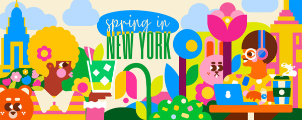 Obraz na płótnie Canvas Immerse yourself in spring in New York with this vibrant illustration. Feel the energy of the city among the people, the green park and the famous skyscrapers.