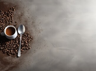 The backdrop showcases a variety of coffee elements, including an assortment of coffee beans, ground coffee, instant coffee, coffee pads, and capsules.